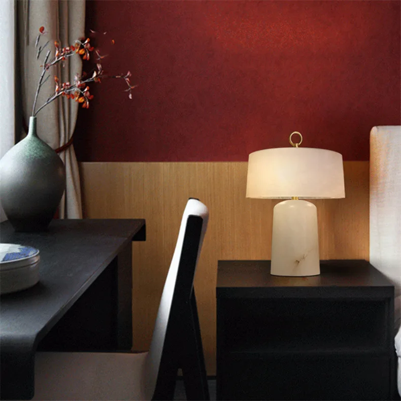 LuxRoyale Alabaster & Brass LED Table Lamp with Drum Shade & Ring Finial