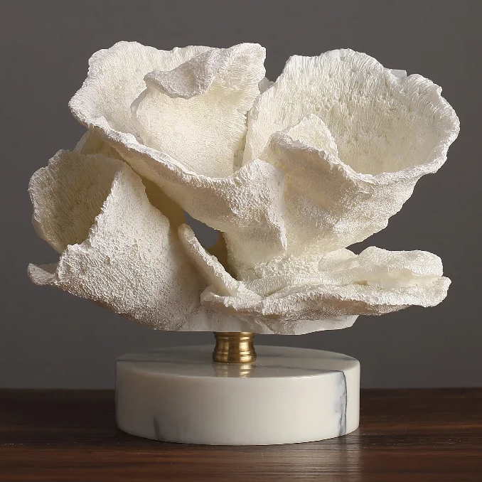 Resin Coral Sculpture Decorative Ornaments White Coral on Simulation Marble Base Art Statues Desktop Statue for Home Office
