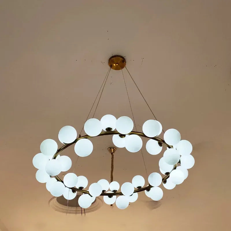 LuxRoyale Modern Gold Chandelier with White Glass Globes for Living Room