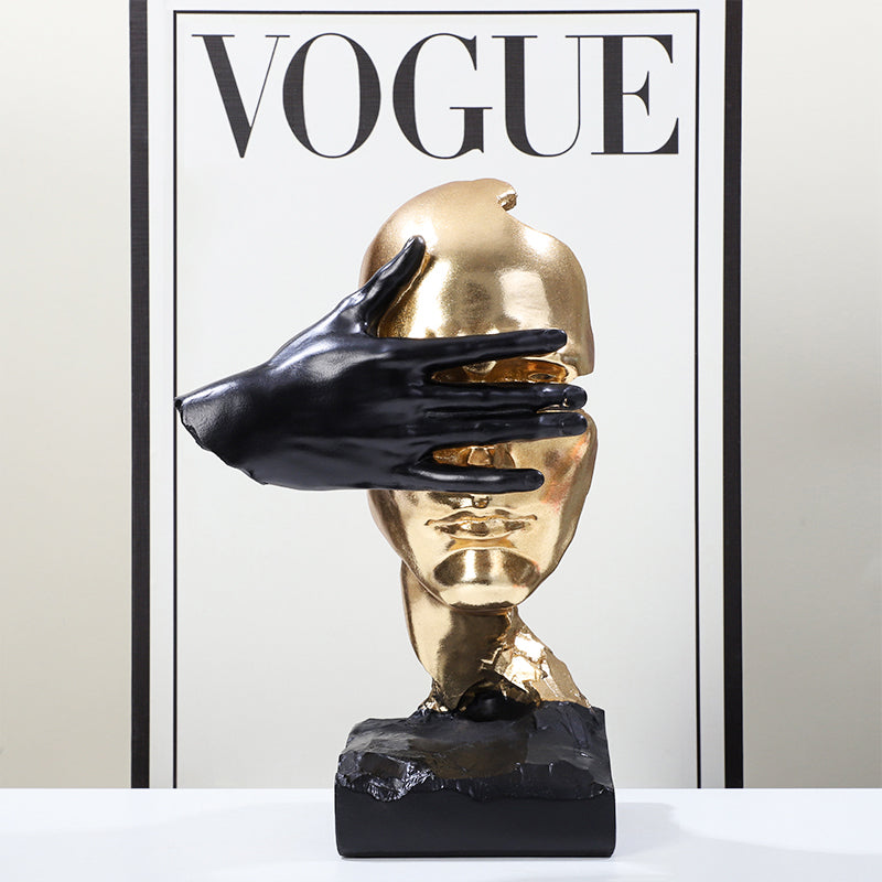 RoyaleGlow Abstract Gold & Black Silence Face Sculpture - Modern Resin Art Decor