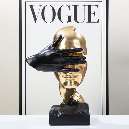 RoyaleGlow Abstract Gold & Black Silence Face Sculpture - Modern Resin Art Decor