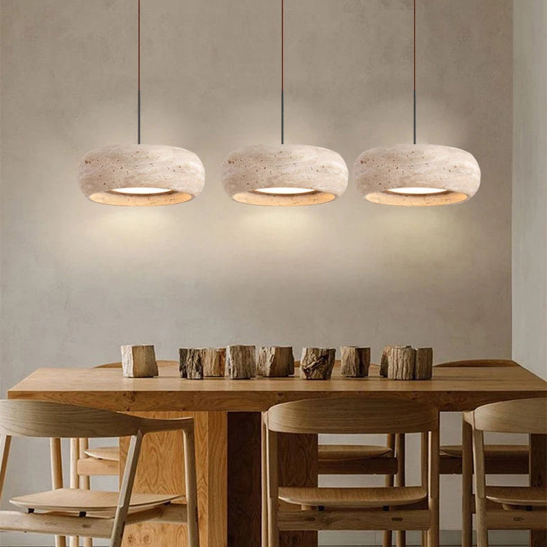 LuxRoyale Modern Travertine Pendant Light - Natural Stone Drum LED Hanging Lamp