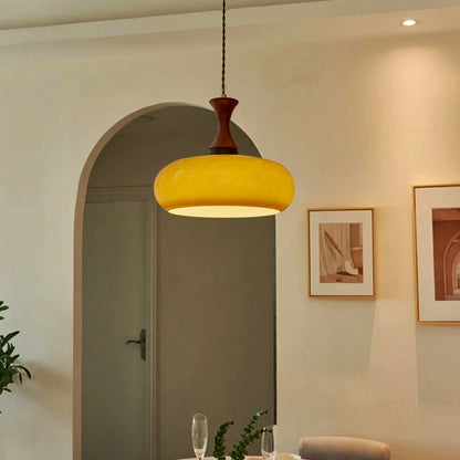 Rayvia Premium Amber Glass Pendant Light with Wood Accent for Living Dining Room.
