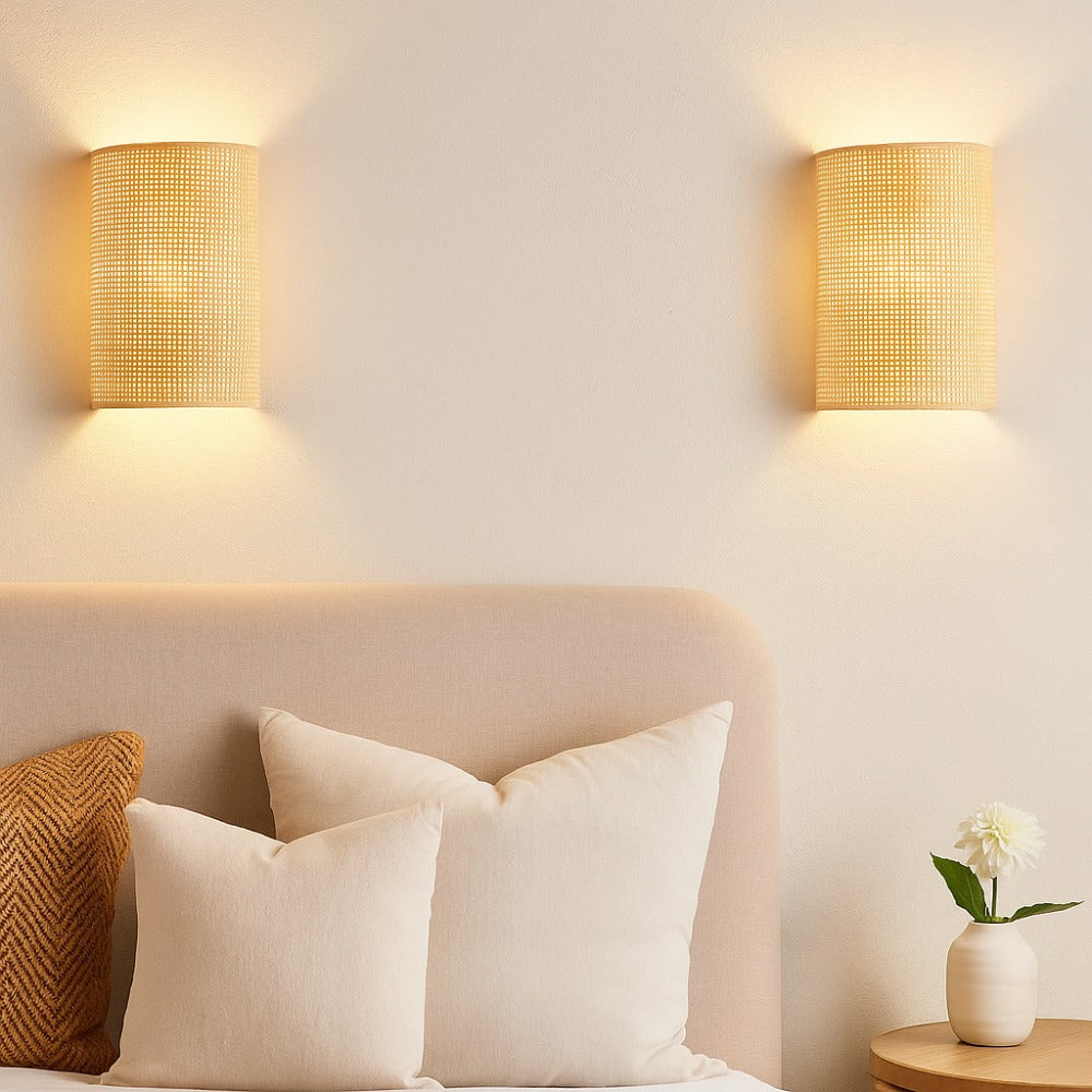 Lumora Handwoven Rattan Wall Sconce, Bohemian Organic Bamboo Wall Lamp