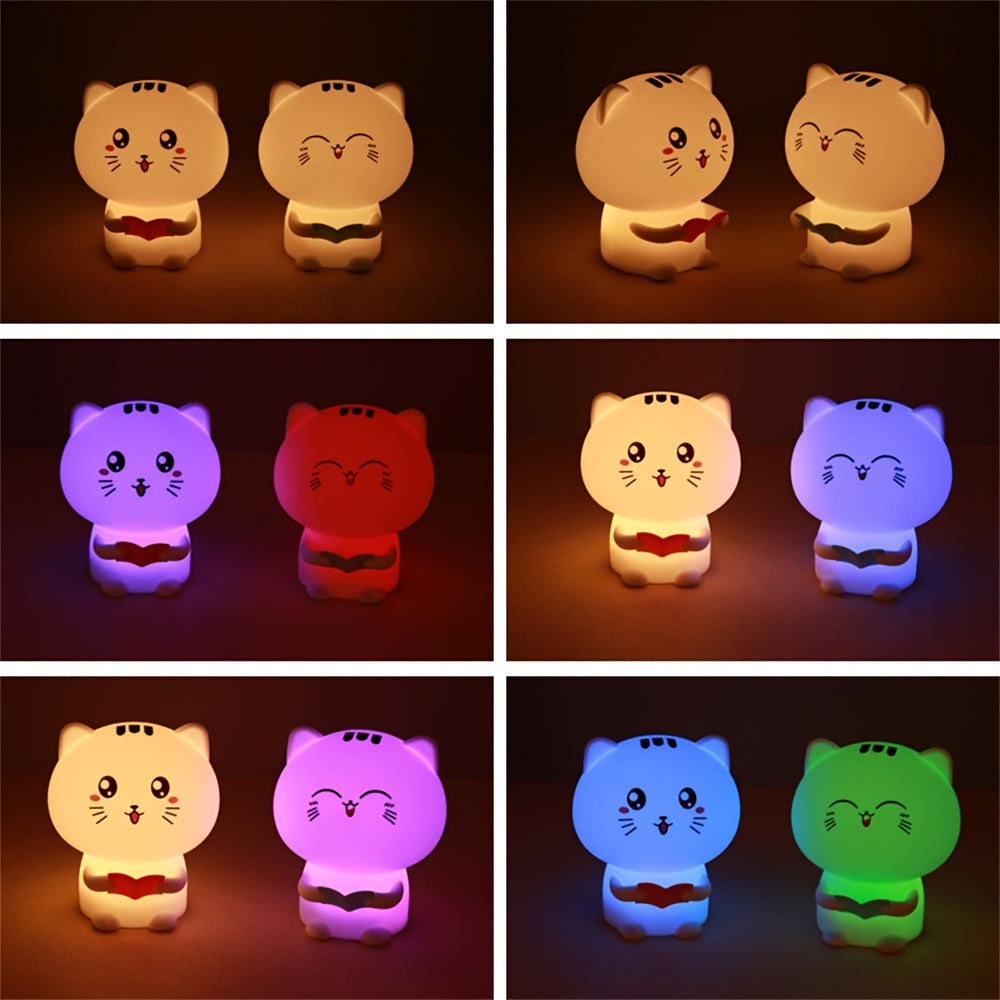 Kawaii Night Light - Cute Reading Kitty Silicone Lamp with 7 Color Changing Modes & USB Rechargeable Battery - Pink