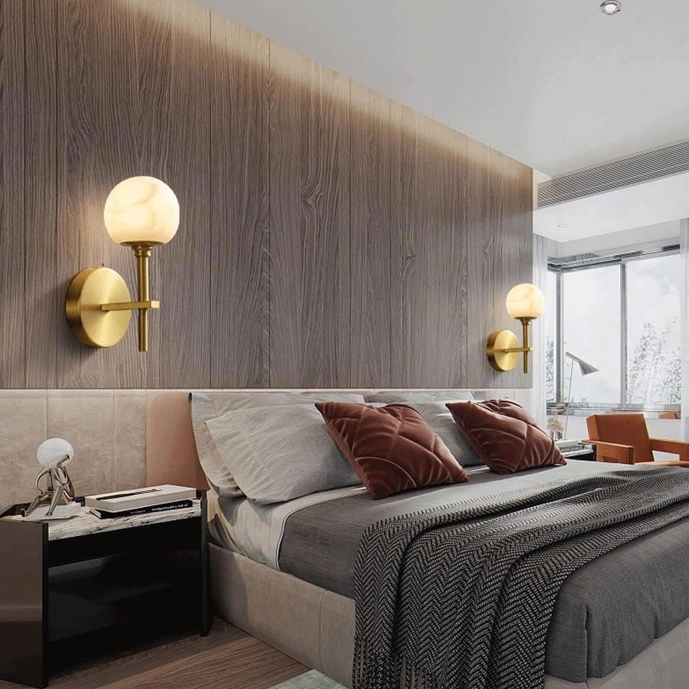 Royelux Modern Brass & Alabaster Globe Wall Sconce for Bedroom & Living Room.
