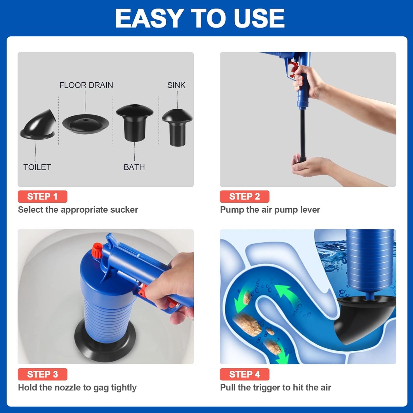 RoyaleGlow Drain Blaster Air Toilet Sink Plunger Gun Drain Clog Remover Tool