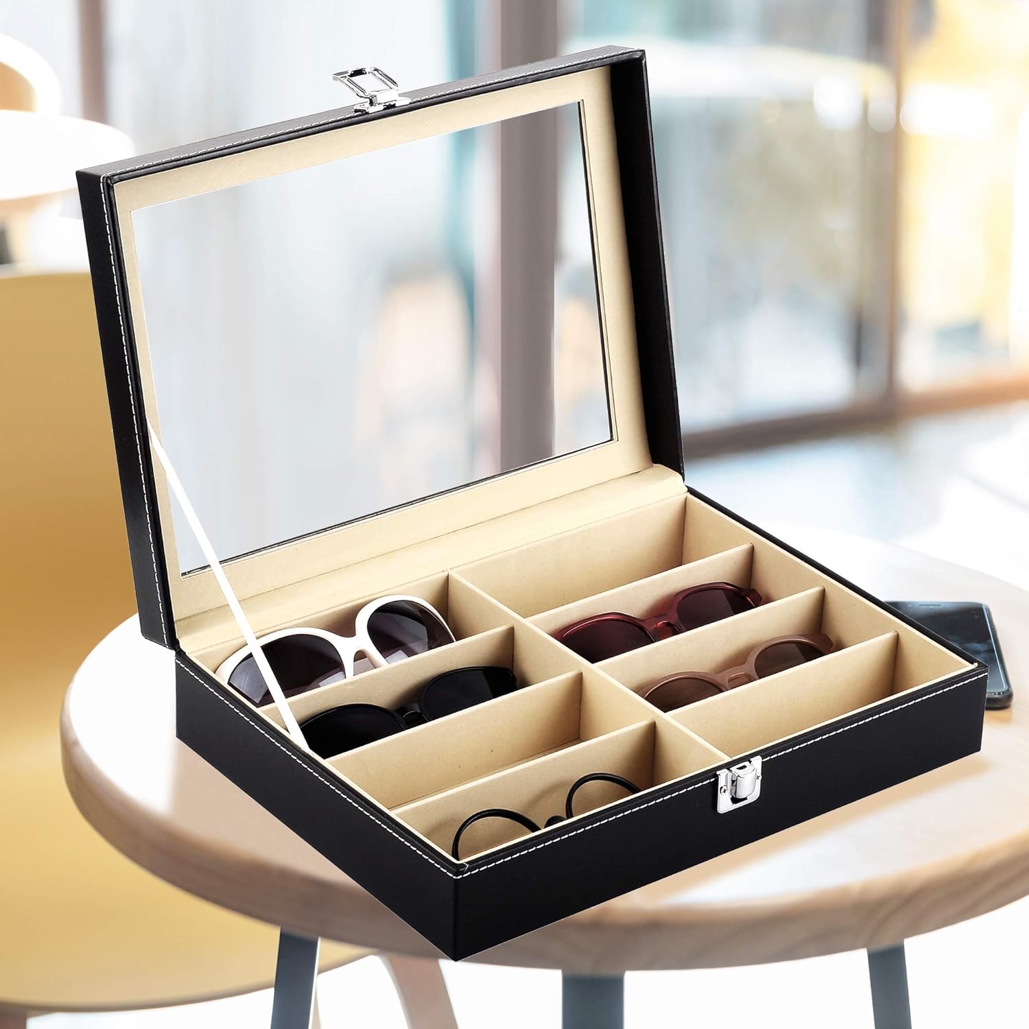 Elegant 8-slot PU leather sunglass organizer with glass lid, soft velvet lining, secure metal lock, and stackable design – ideal for storing sunglasses, watches, and accessories in style.