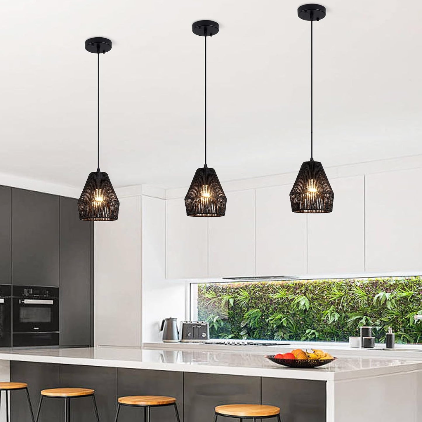 RoyaleGlow Black Handwoven Paper Rope Pendant Light - Japanese Wabi-Sabi Ceiling Lamp