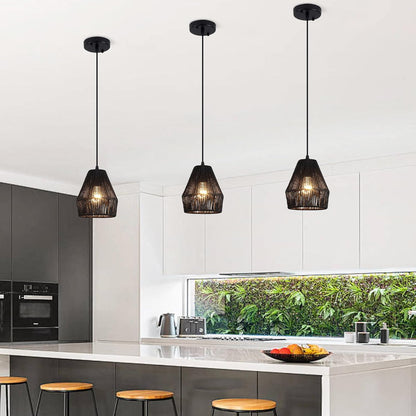 RoyaleGlow Black Handwoven Paper Rope Pendant Light - Japanese Wabi-Sabi Ceiling Lamp