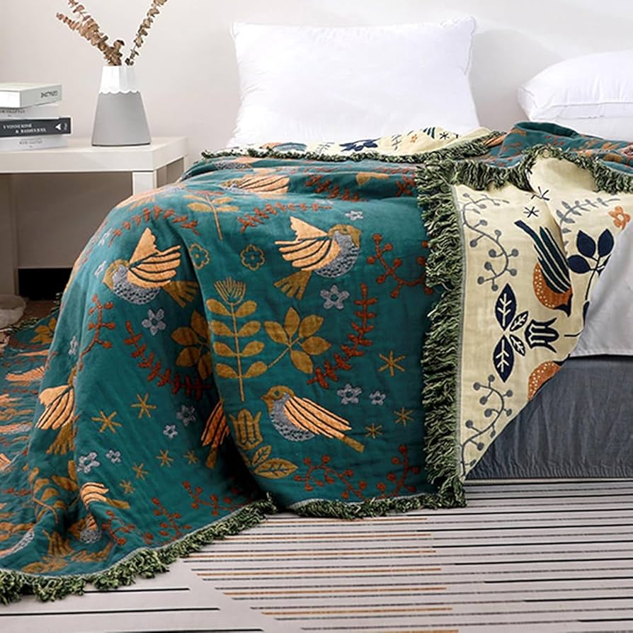 Lumora Reversible Cotton Throw Blanket with Bird Design - Cozy, Versatile for Every Season