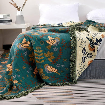 Lumora Reversible Cotton Throw Blanket with Bird Design - Cozy, Versatile for Every Season