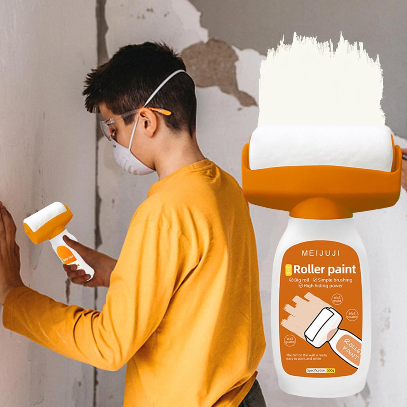 Wall repair roller paint brush (500g) with quick-drying formula for easy crack, stain, and hole touch-ups. All-in-one roller and brush design with eco-friendly, odorless paint for a seamless, mess-free repair.