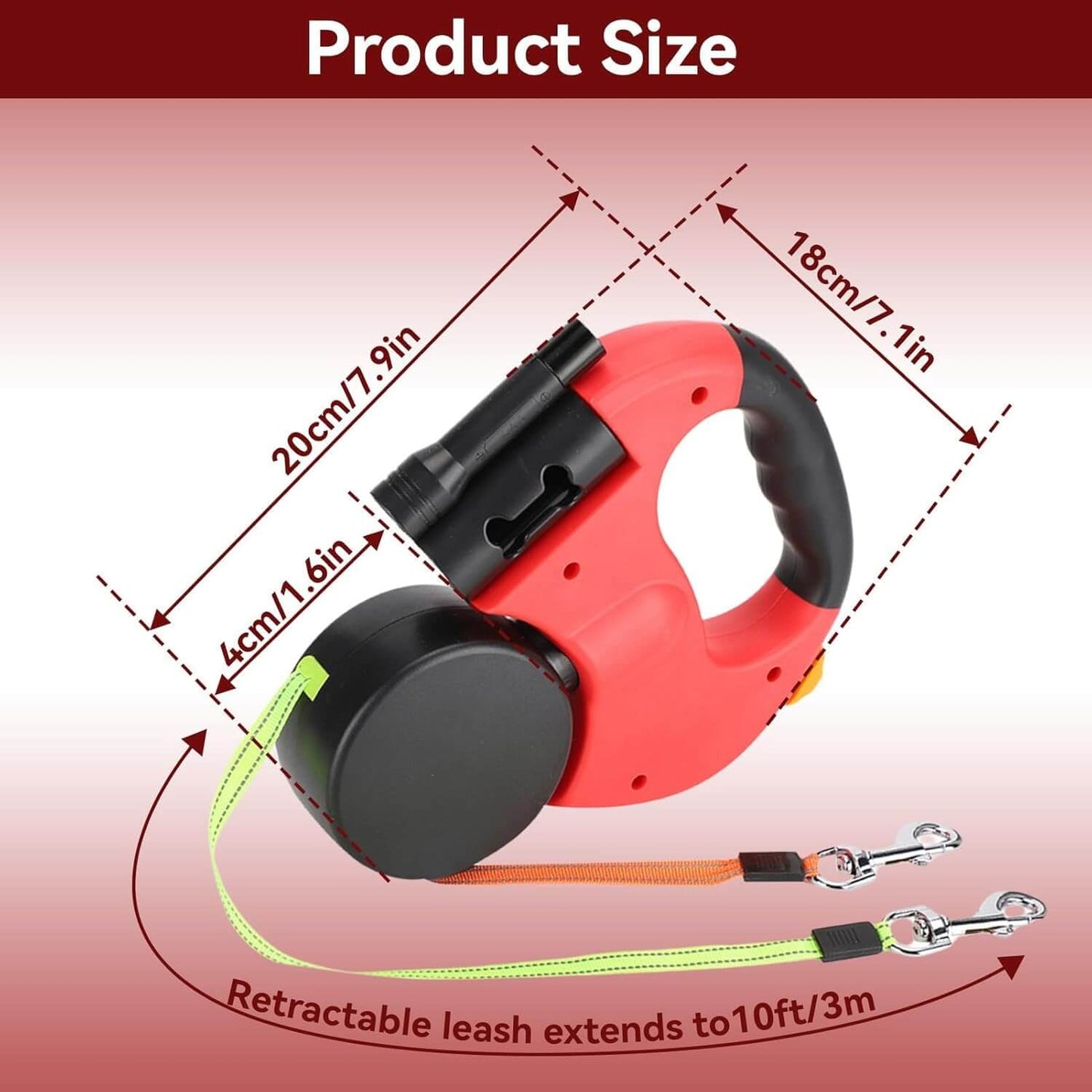 Royallure 10 ft Dual Retractable Dog Leash w/ Built-In Flashlight & Waste Bag Holder