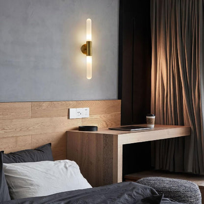 LuxRoyale Modern Brass LED Wall Sconce with Frosted Glass Rod for Bedroom & Living Room