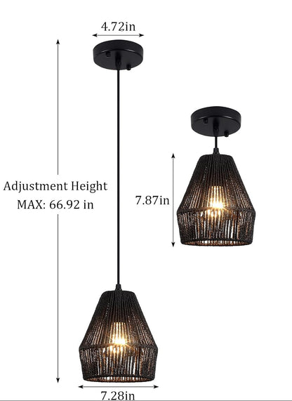RoyaleGlow Black Handwoven Paper Rope Pendant Light - Japanese Wabi-Sabi Ceiling Lamp