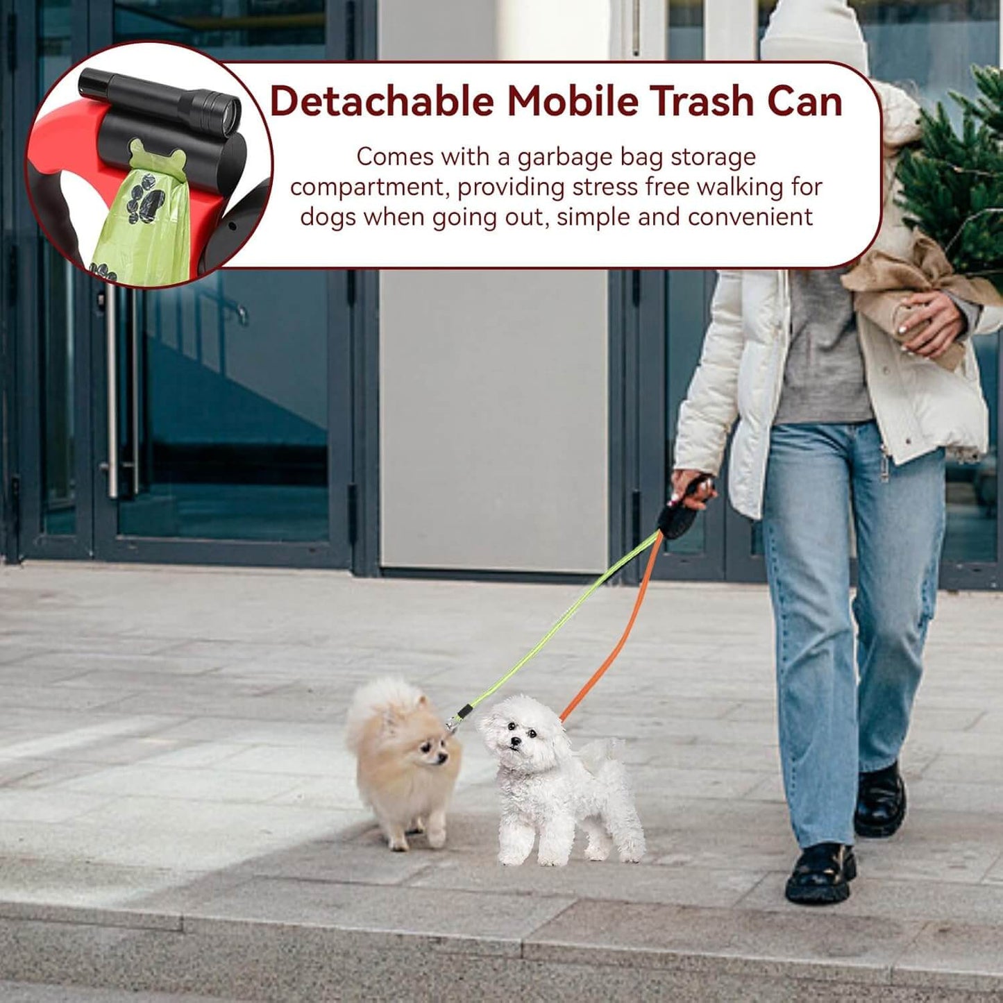 Royallure 10 ft Dual Retractable Dog Leash w/ Built-In Flashlight & Waste Bag Holder