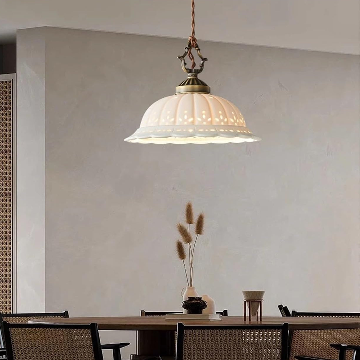 Royelux Vintage Porcelain Bell Pendant Light with Floral Cutouts and Scalloped Rim