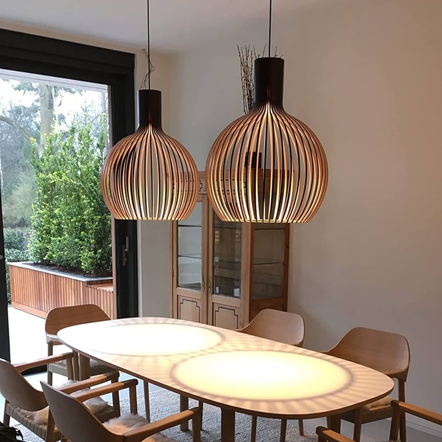 Royelux Modern Slatted Wooden Pendant Light for Dining Room Ambiance