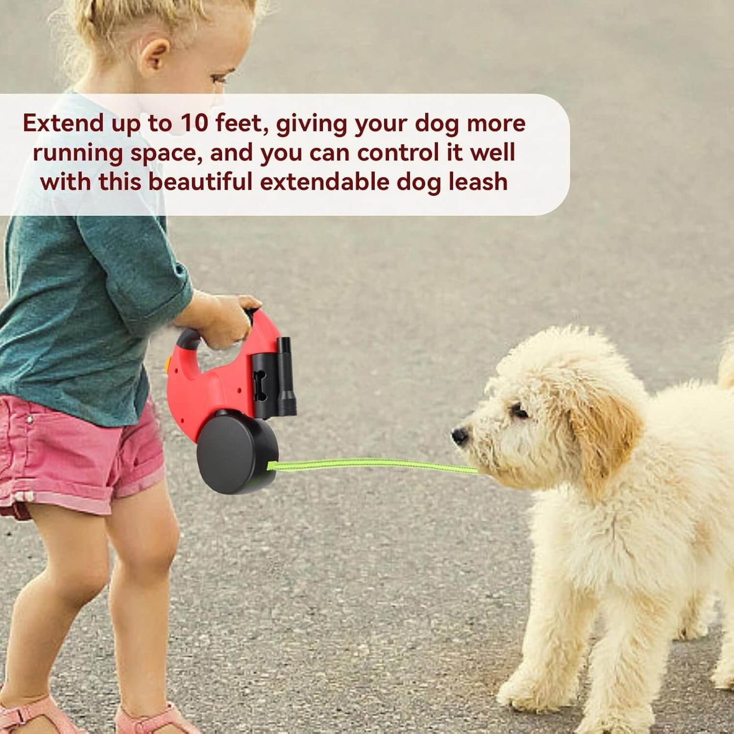 Royallure 10 ft Dual Retractable Dog Leash w/ Built-In Flashlight & Waste Bag Holder