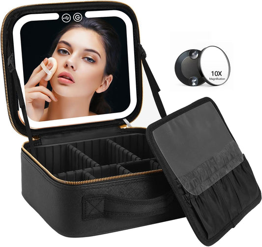 RoyaleGlow Makeup Bag with Mirror and Lights for Travel
