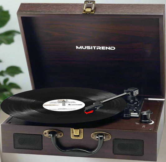 Vintage suitcase-style vinyl record player with Bluetooth, built-in speakers, and vinyl-to-digital conversion. Belt-driven system supports 33, 45, and 78 RPM speeds. Includes AUX, RCA, and 3.5mm audio jack for versatile connectivity.