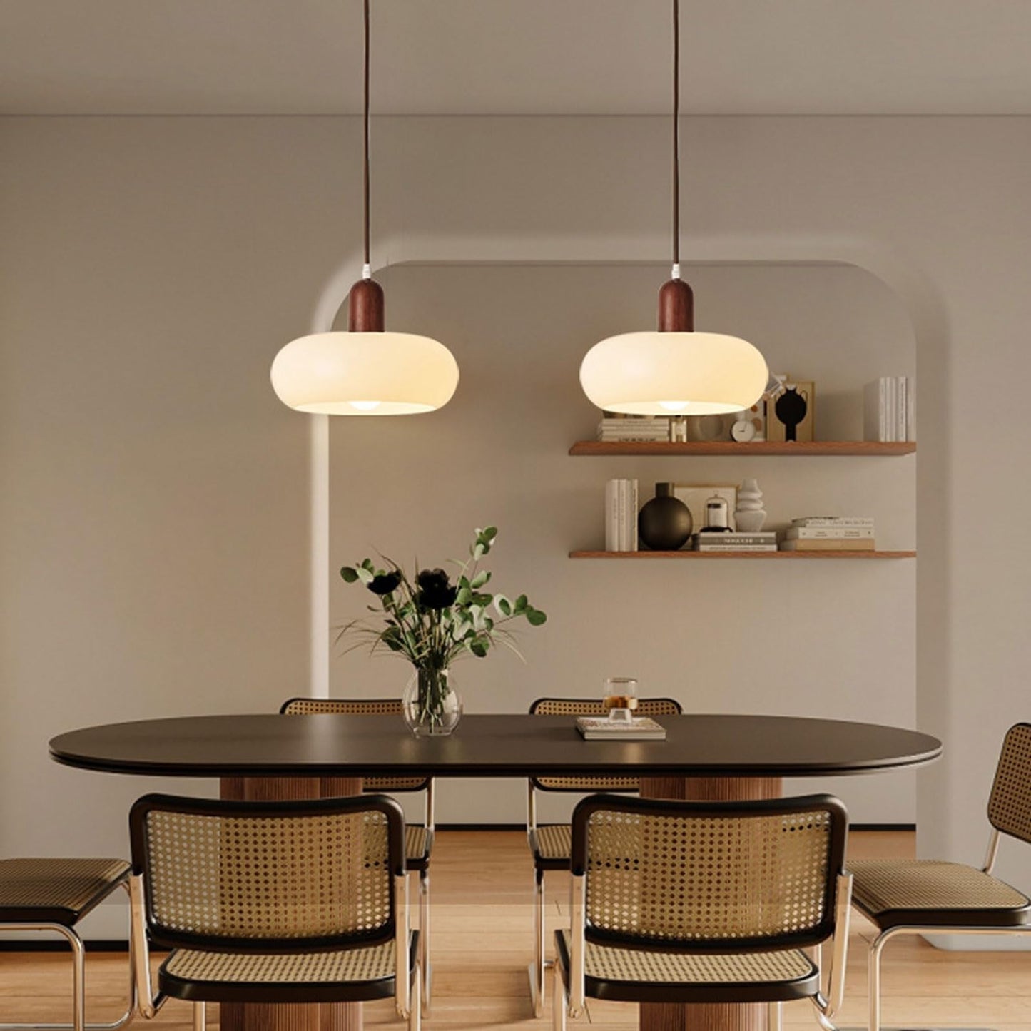 RoyaleGlow Nordic Minimalist Glass Pendant Light with Wood Accent for Dining