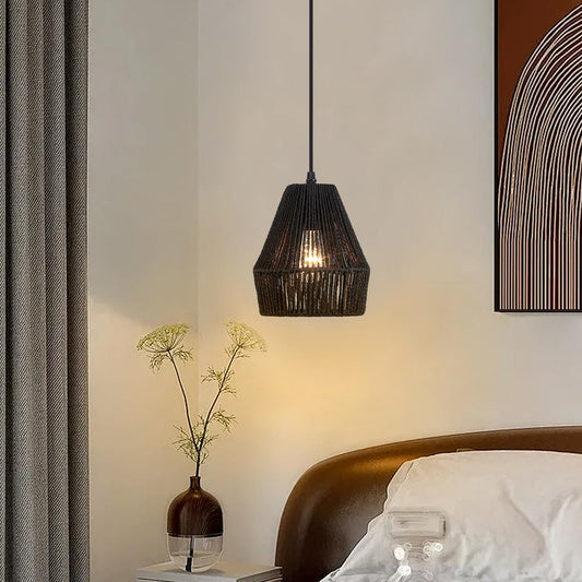 RoyaleGlow Black Handwoven Paper Rope Pendant Light - Japanese Wabi-Sabi Ceiling Lamp