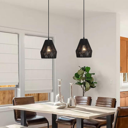 RoyaleGlow Black Handwoven Paper Rope Pendant Light - Japanese Wabi-Sabi Ceiling Lamp