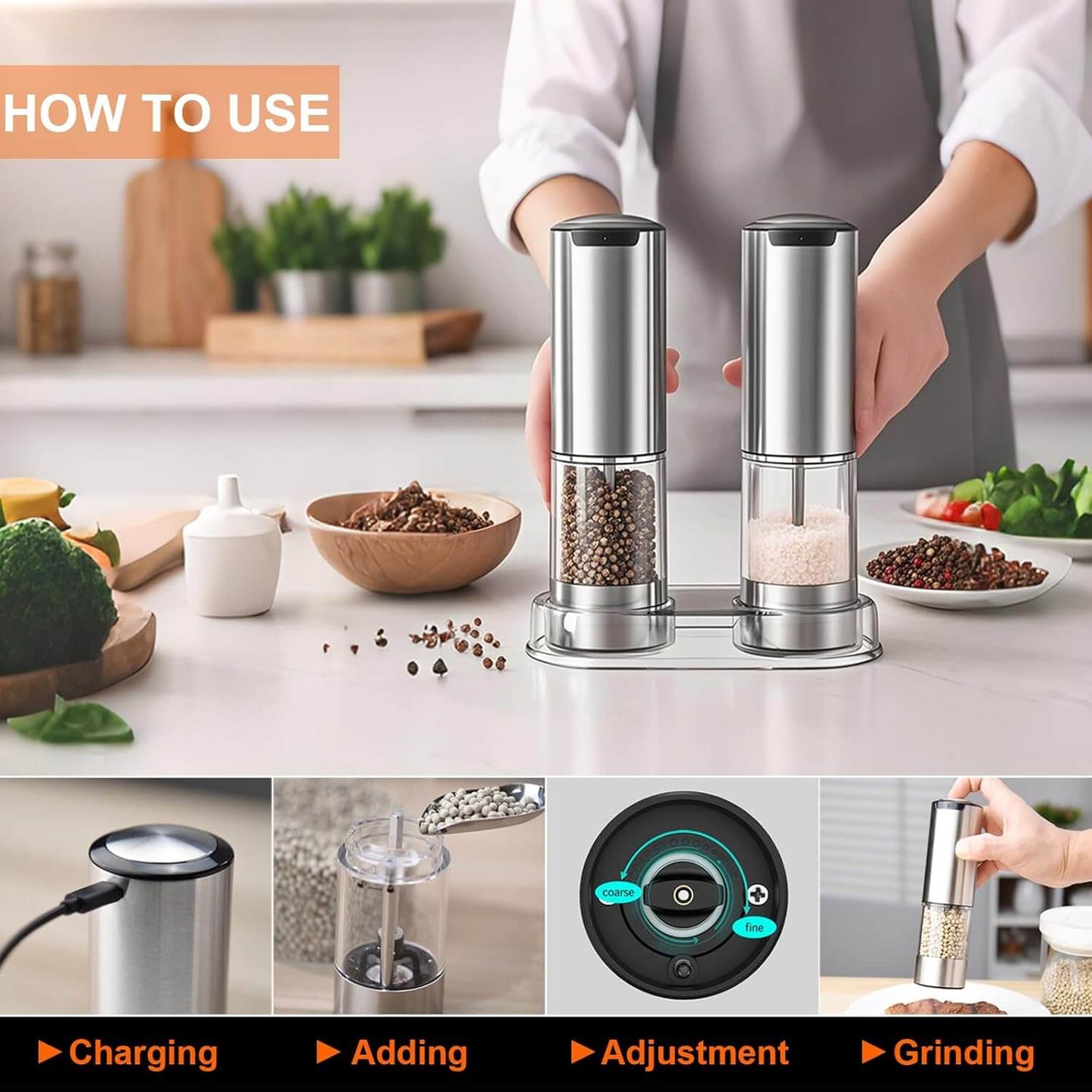 RoyallureElectric Salt & Pepper Grinder Set – Adjustable Coarseness, LED-Illuminated, One-Hand Use