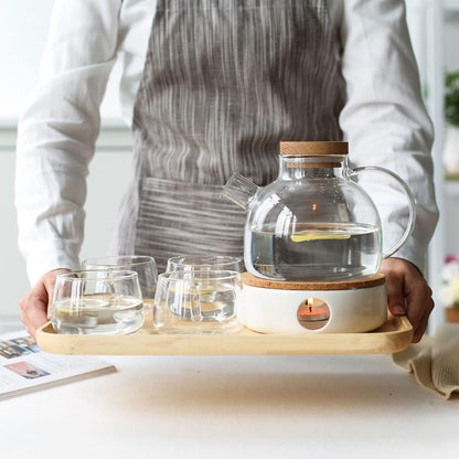 Royelux Borosilicate Glass Teapot Set with Warmer, Infuser, Cup & Serving Tray for Loose Leaf Tea