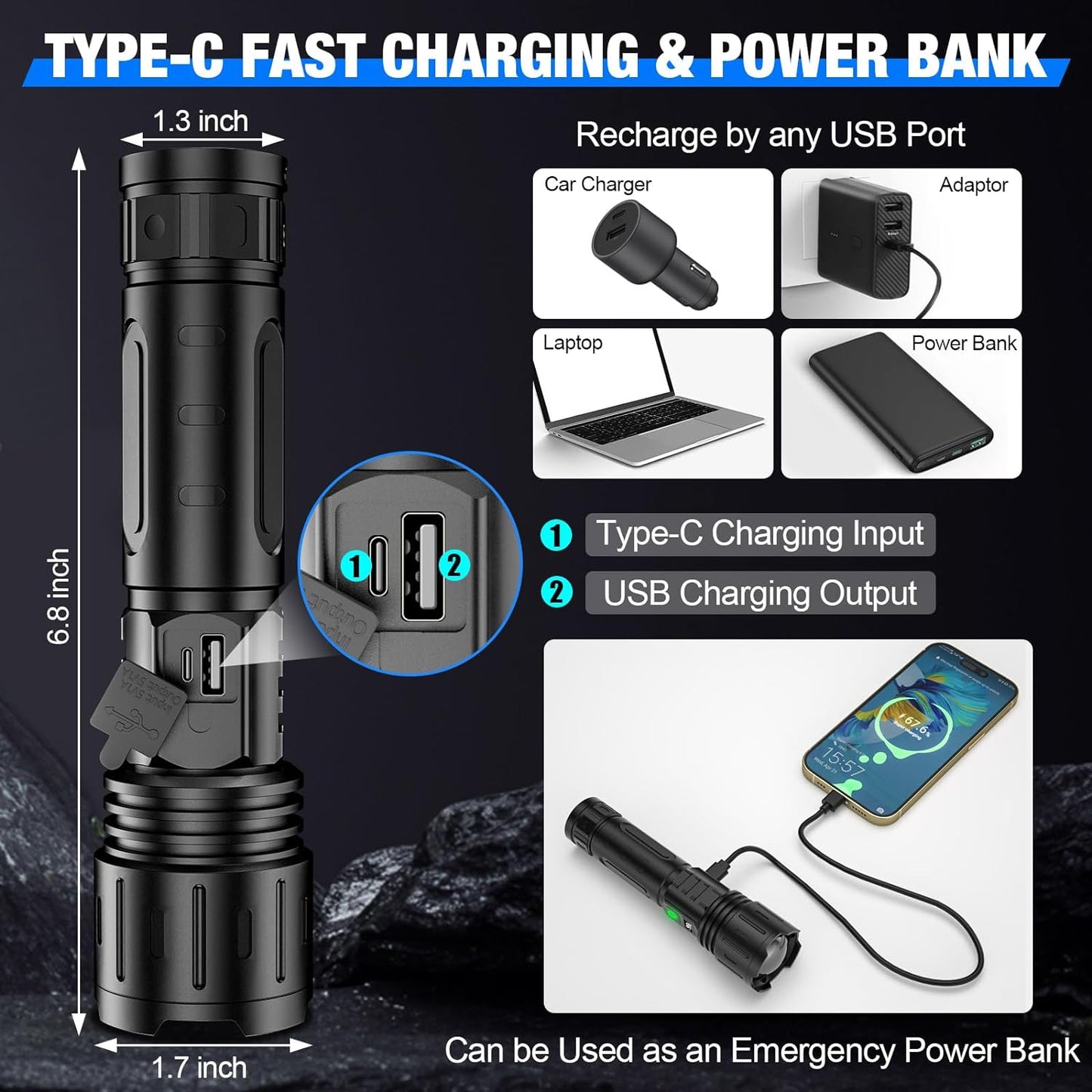 LuxRoyale World's Brightest Flashlight 100000 Lumens Rechargeable