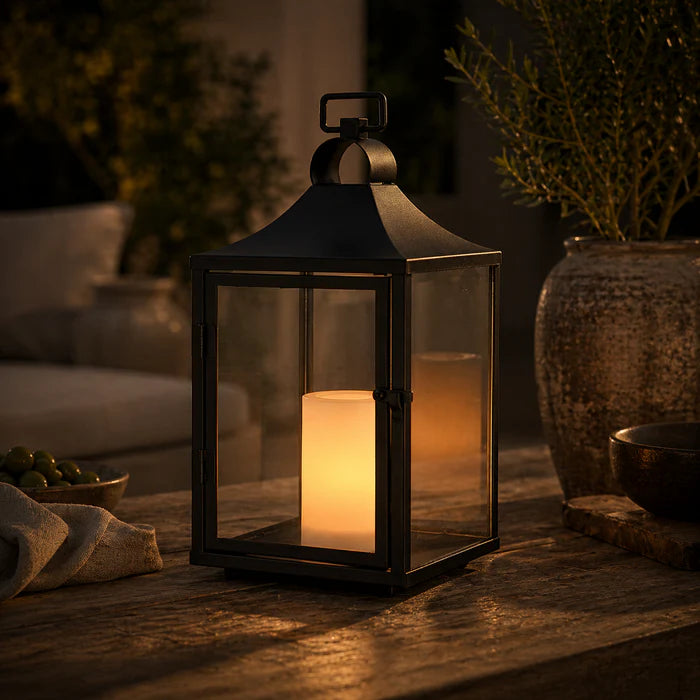 RoyaleGlow 14" Black Outdoor Solar Lantern with Flickering LED Candle & Glass Panels
