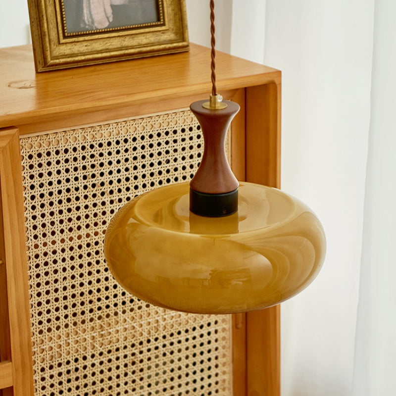 Rayvia Premium Amber Glass Pendant Light with Wood Accent for Living Dining Room.