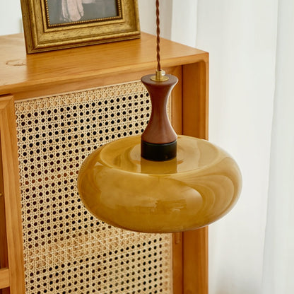 Rayvia Premium Amber Glass Pendant Light with Wood Accent for Living Dining Room.