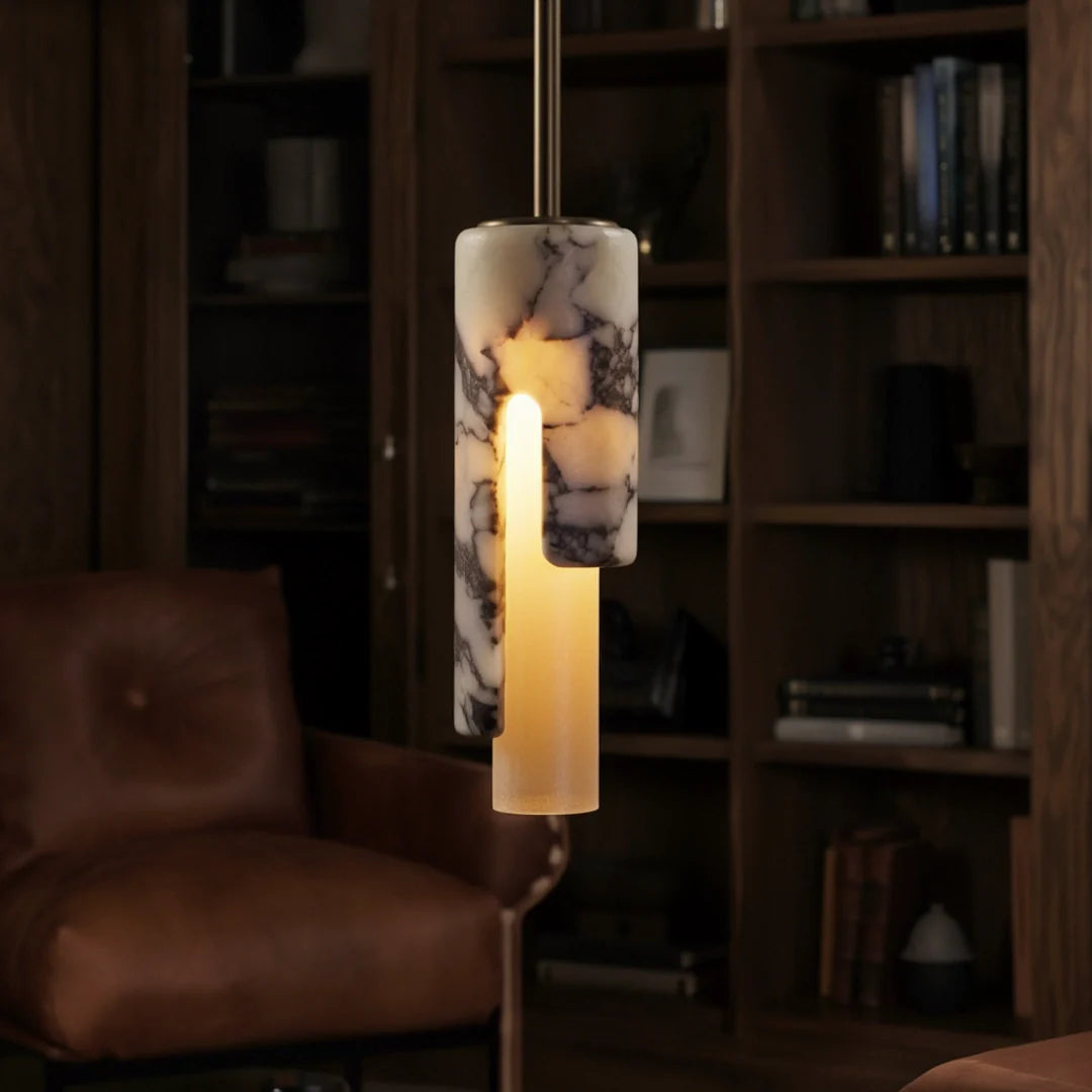 RoyaleGlow Marble Cylinder Pendant Light - Modern Natural Stone Hanging Lamp
