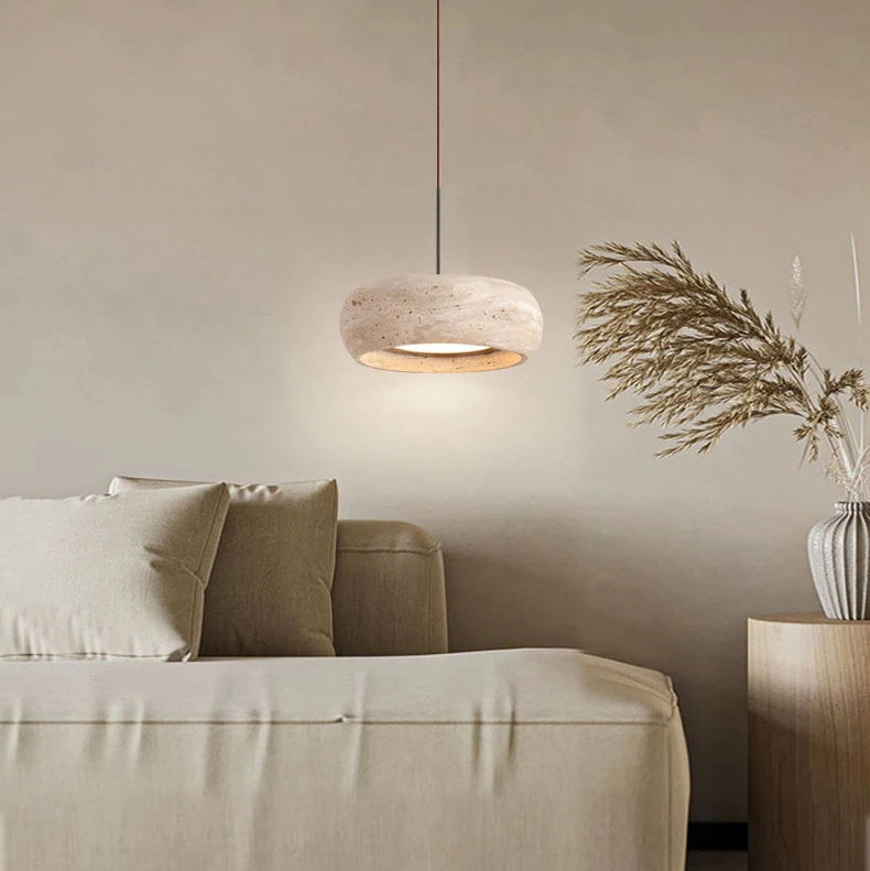 LuxRoyale Modern Travertine Pendant Light - Natural Stone Drum LED Hanging Lamp