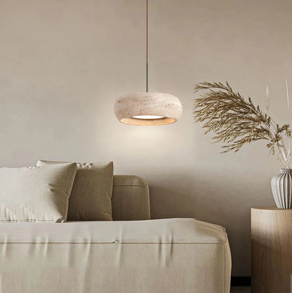 LuxRoyale Modern Travertine Pendant Light - Natural Stone Drum LED Hanging Lamp