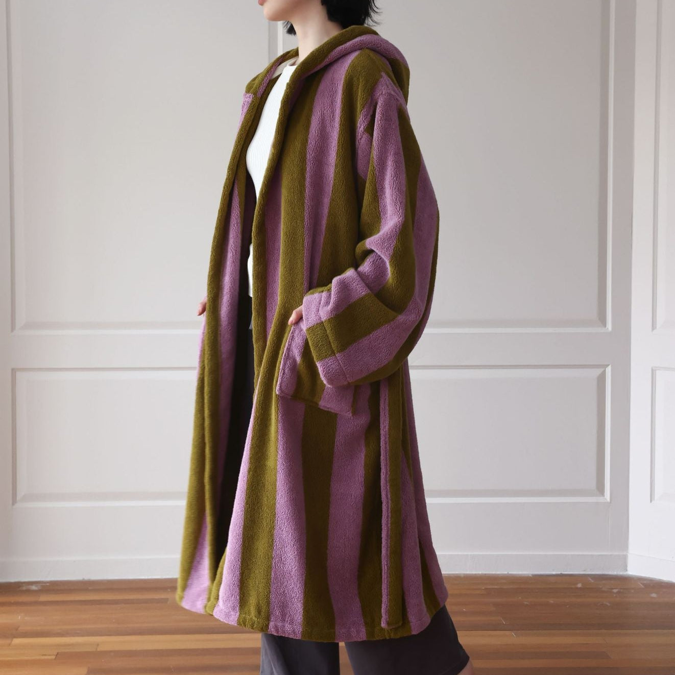 RoyaleGlow Organic Cotton Hooded Bathrobe Thick Striped Spa Robe