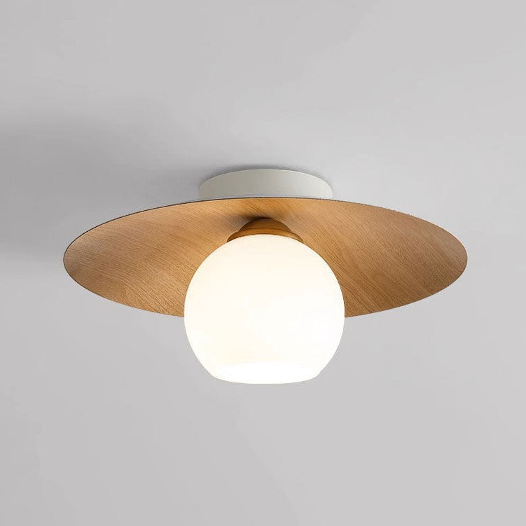 LuxRoyale Modern Wood Ceiling Light with White Globe Shade, Flush Mount Lamp