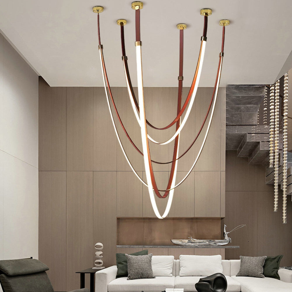 LuxRoyale Modern Leather Strap LED Chandelier - Dimmable Black Gold Chrome Finishes