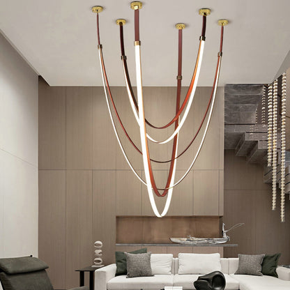 LuxRoyale Modern Leather Strap LED Chandelier - Dimmable Black Gold Chrome Finishes