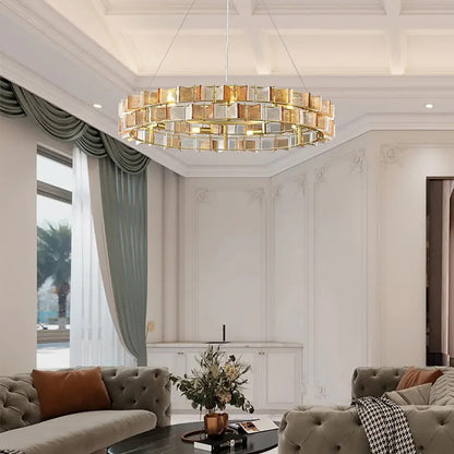 LuxRoyale Contemporary Glass Cube Chandelier-LED Gold Light Fixture