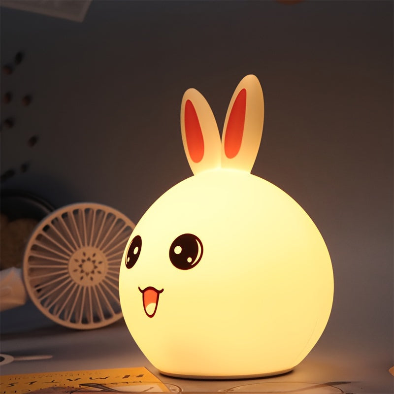 Squishy bunny night light with long ears, color-changing LED, and touch control, perfect for kids' bedrooms and cozy home decor.
