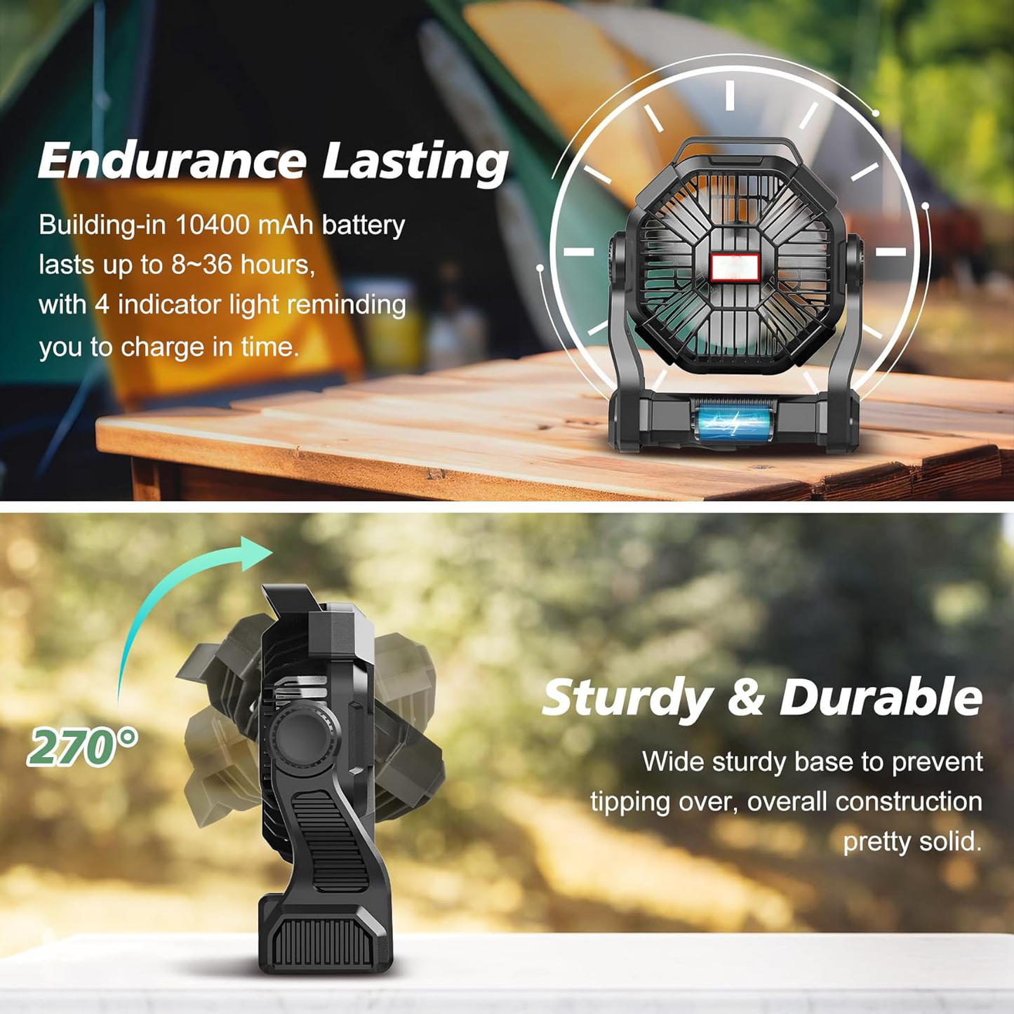 Royaleva Portable Rechargeable Camping Fan with LED Light