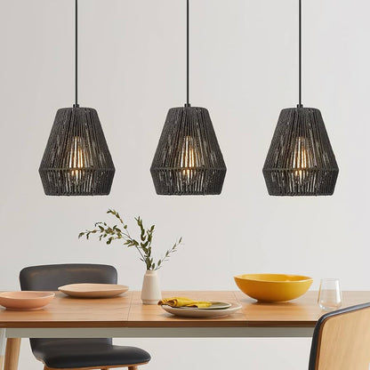 RoyaleGlow Black Handwoven Paper Rope Pendant Light - Japanese Wabi-Sabi Ceiling Lamp