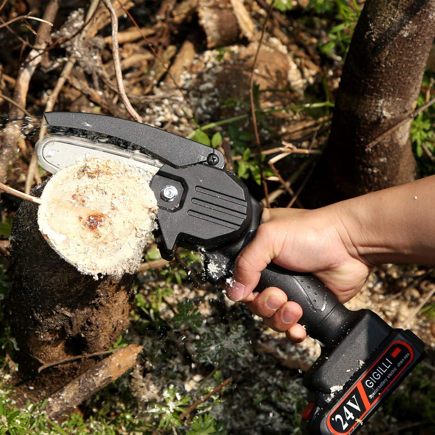 Cordless mini chainsaw with one-hand operation, safety lock, and increased power motor. Lightweight, rechargeable, and high-efficiency cutting with a durable guide chain. Ideal for gardening, pruning, and DIY projects.