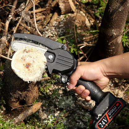 Cordless mini chainsaw with one-hand operation, safety lock, and increased power motor. Lightweight, rechargeable, and high-efficiency cutting with a durable guide chain. Ideal for gardening, pruning, and DIY projects.