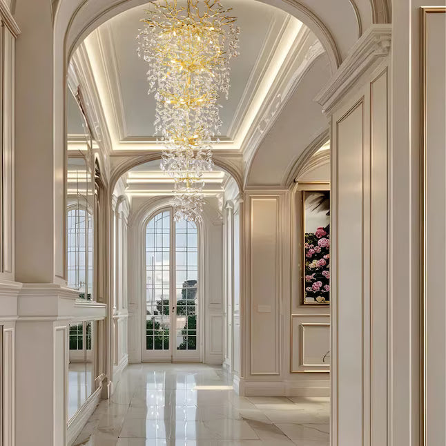 LuxRoyale Grand Crystal Leaf Chandelier for High Ceilings, Modern Elegant Lighting