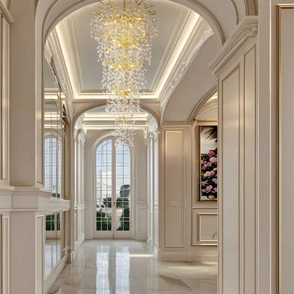 LuxRoyale Grand Crystal Leaf Chandelier for High Ceilings, Modern Elegant Lighting